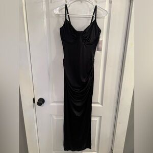 Popilush Shapewear Ruched Shine Sculpting Maxi Slip Dress Black Medium NEW W TAG